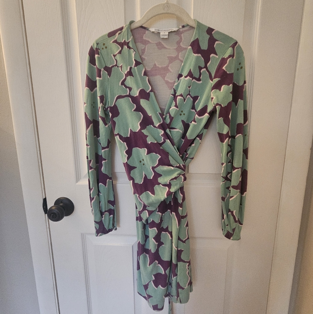 Diane Von Furstenberg wrap dress. Green and purple floral. Size 4